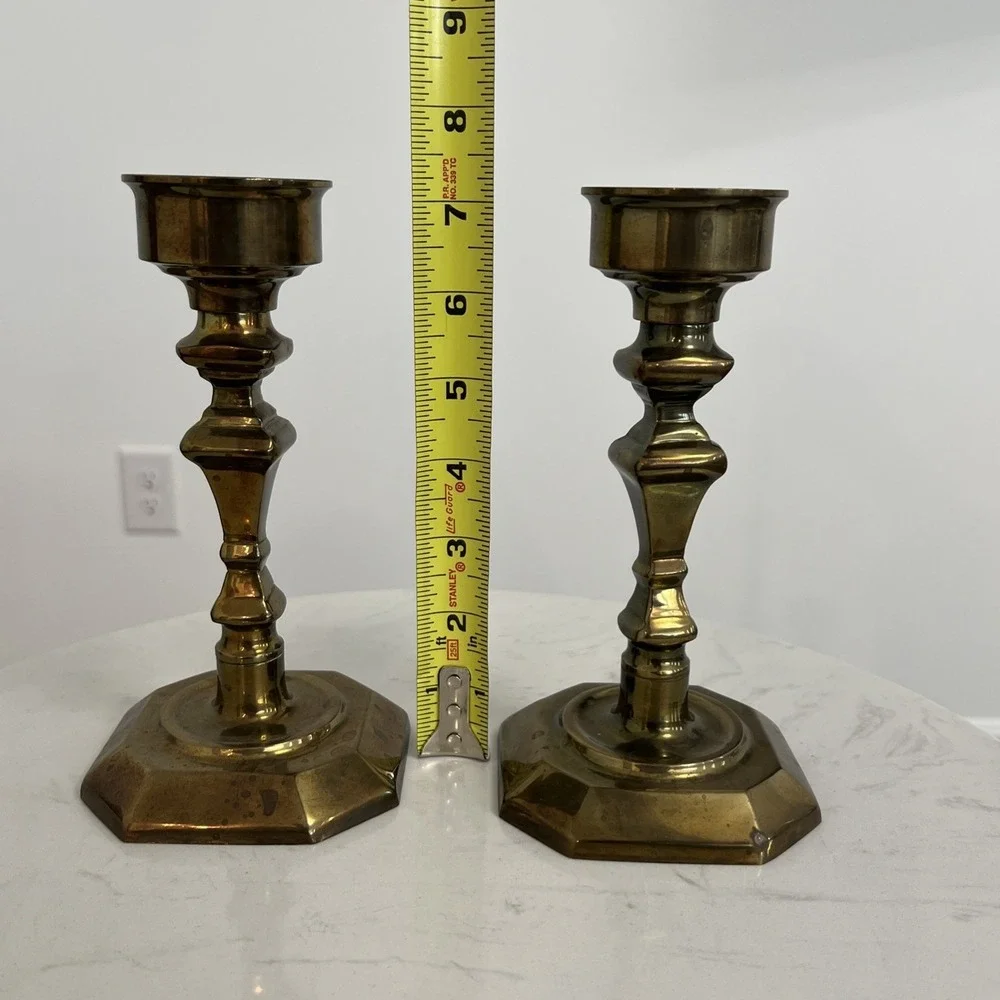 Vtg Solid Brass Candlestick Holders Pair Mantel Farmhouse Colonial Style Decor‎
